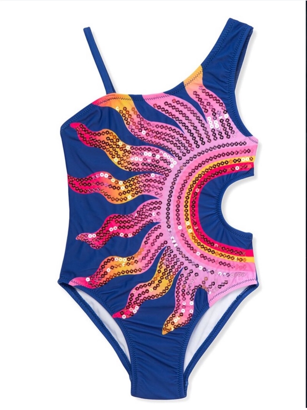Girls Blue One-Shoulder Sequin Sun Cutout Swimsuit